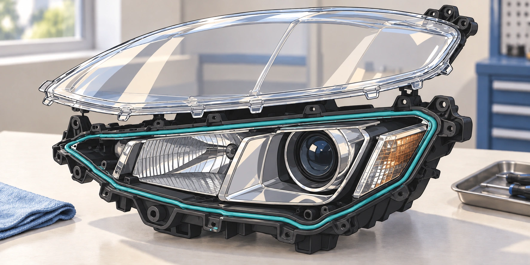 車燈透鏡與外殼,展示周邊密封線示意