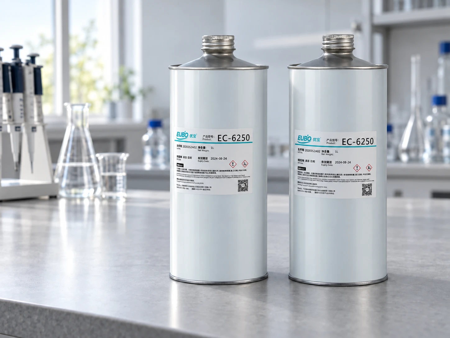 產品情境示意圖:實驗室工作台上表面平滑的淺灰色 EUBO EC-6250 罐裝產品